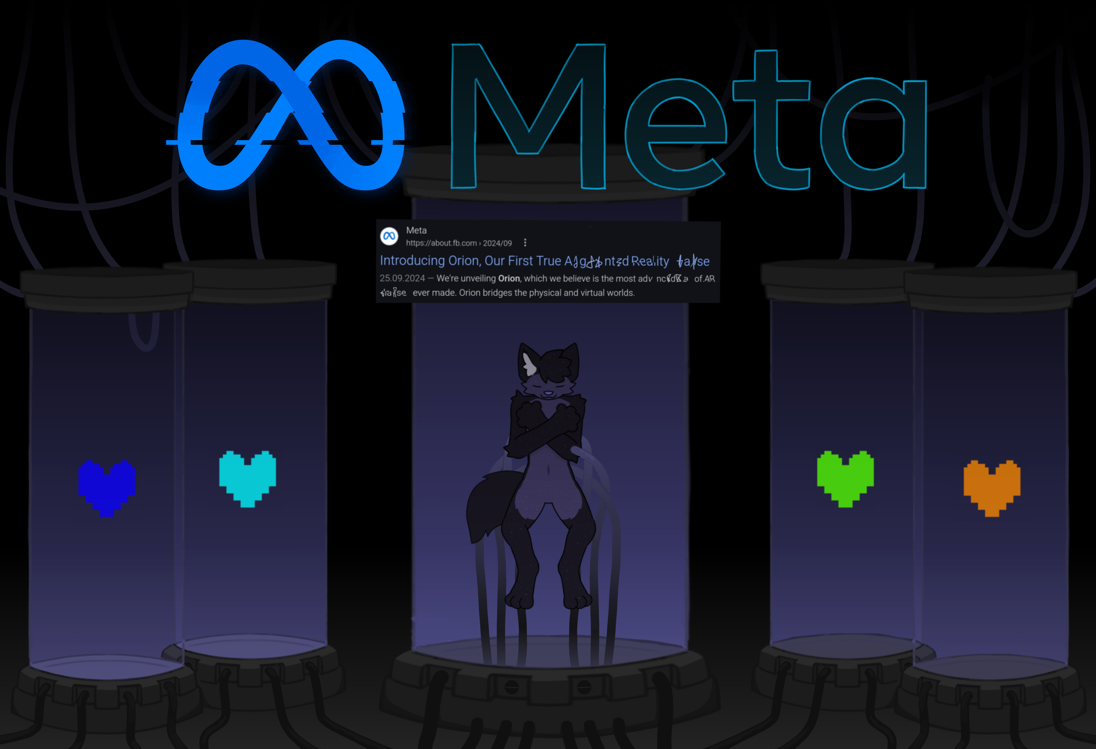 A dark sci-fi room featuring the Facebook Meta logo at the top. Below it, a screen displays a Google article about Meta announcing 'Orion,' an augmented reality project, with some text appearing distorted. In the center, a folf is inside a glass pod, suspended with cables attached to their body. Surrounding them are four similar pods, each containing a floating pixelated heart in blue, cyan, green, and orange, as a reference to Undertale.