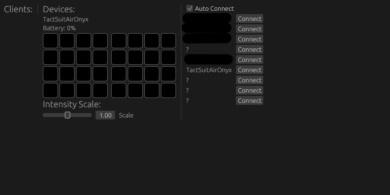 freehaptics app screenshot showing a list of clients, one connected device with a grid display for the motor intensities, and a list of bluetooth devices