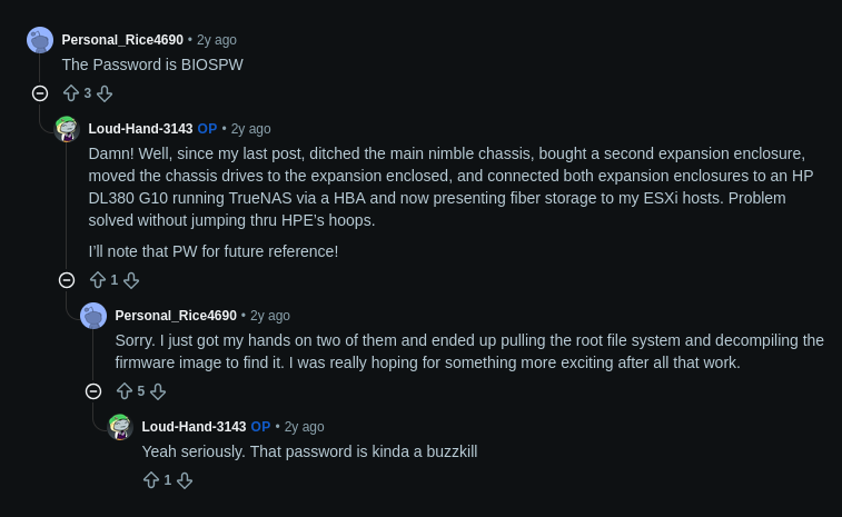 Reddit thread of someone discovering the BIOS password for a Nimble storage array is 'BIOSPW' after going through the effort of decompiling the firmware.'
