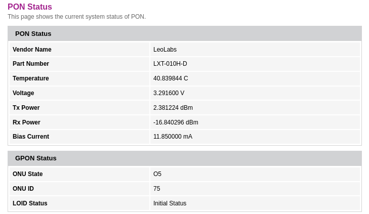 Info page from the ONT showing a bunch of parameters, including an ONU State 05