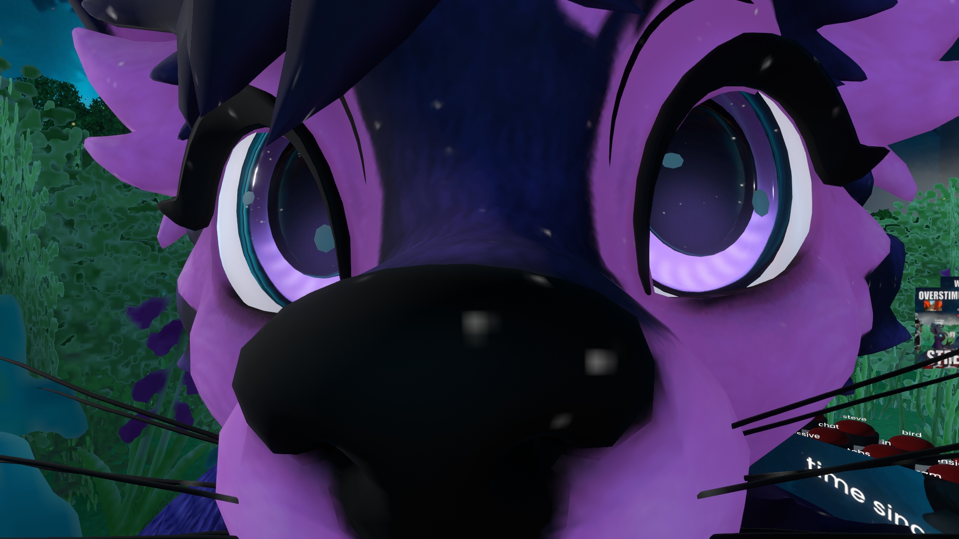 Resonite screenshot of a purple creature with his snoot close to the camera